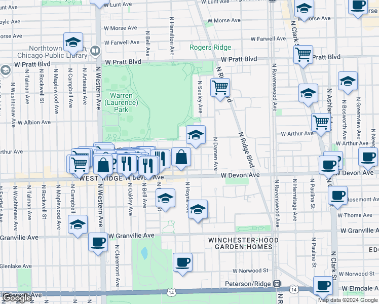 map of restaurants, bars, coffee shops, grocery stores, and more near 6505 North Hoyne Avenue in Chicago