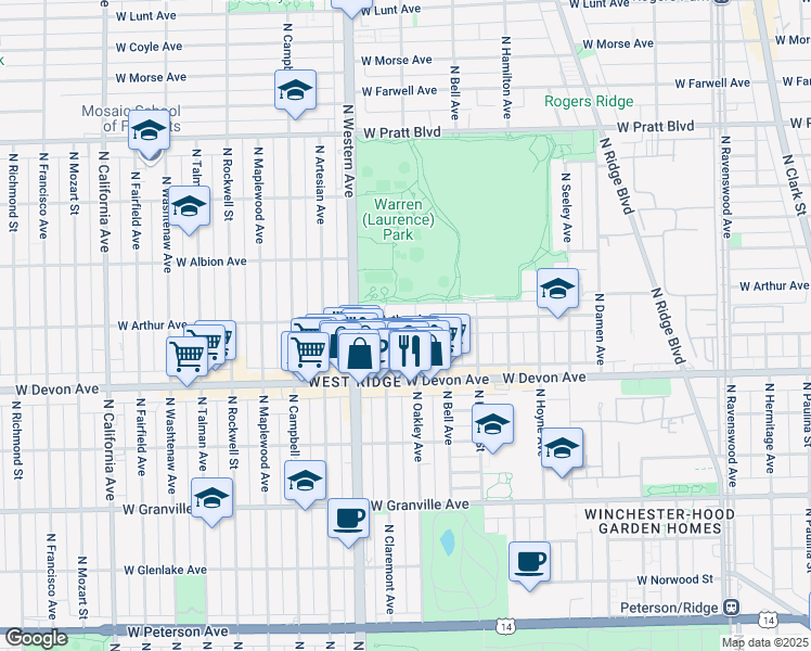 map of restaurants, bars, coffee shops, grocery stores, and more near 6507 North Claremont Avenue in Chicago