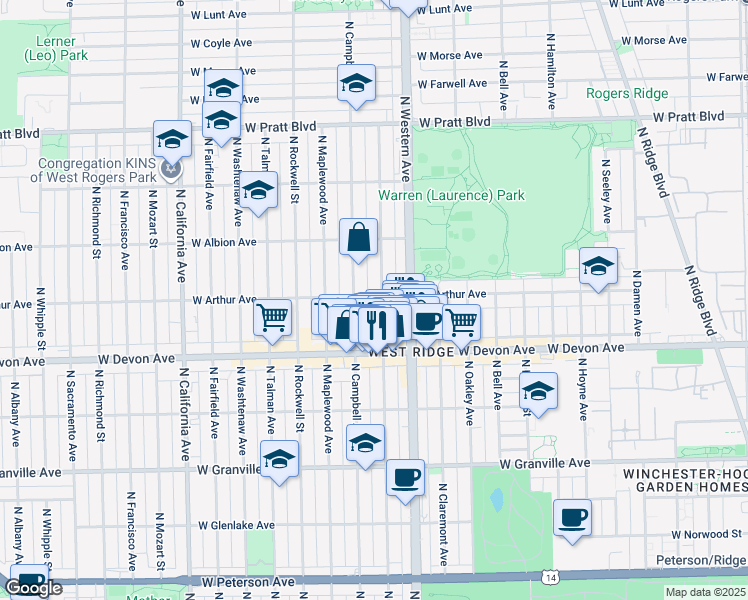 map of restaurants, bars, coffee shops, grocery stores, and more near 6512 North Artesian Avenue in Chicago