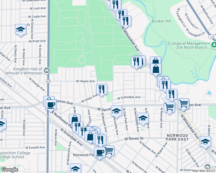 map of restaurants, bars, coffee shops, grocery stores, and more near 6441 North New England Avenue in Chicago