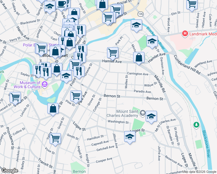 map of restaurants, bars, coffee shops, grocery stores, and more near 218 Willow Street in Woonsocket
