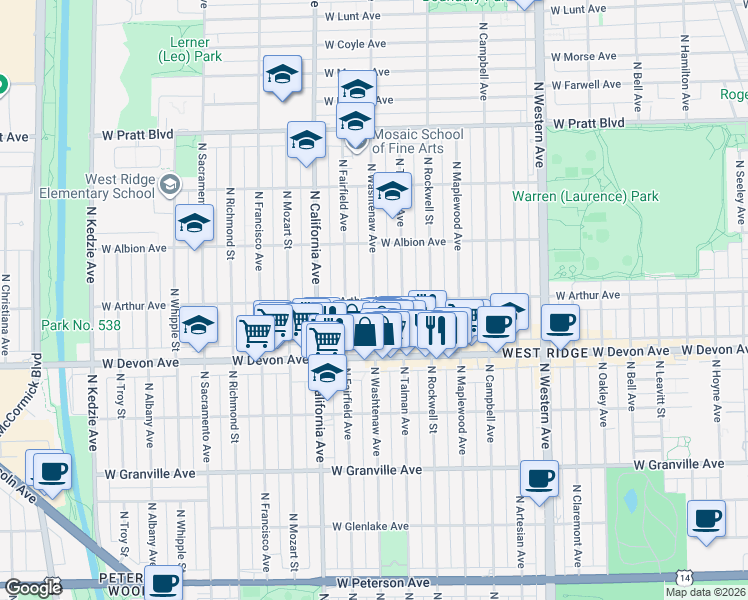 map of restaurants, bars, coffee shops, grocery stores, and more near North Washtenaw Avenue & West Arthur Avenue in Chicago