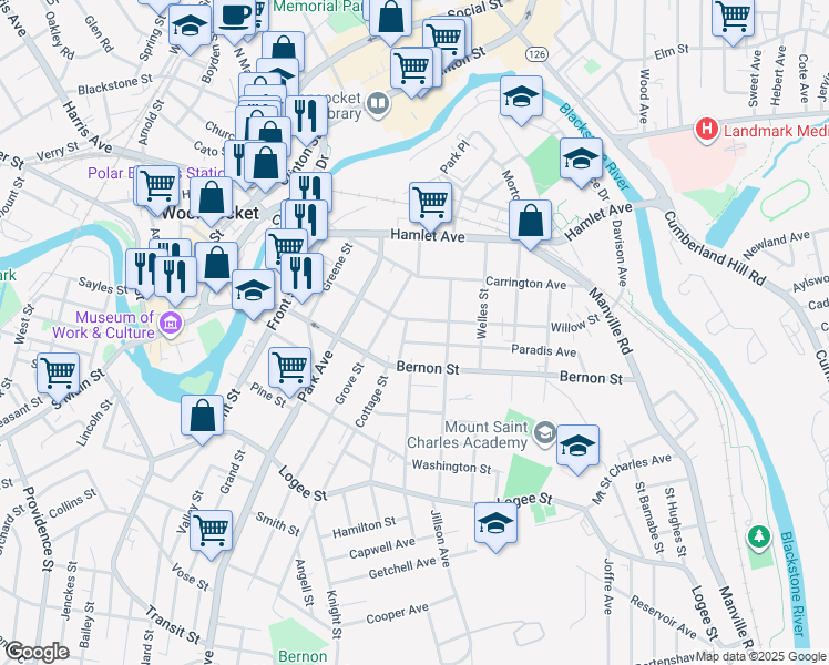 map of restaurants, bars, coffee shops, grocery stores, and more near 24 Paradis Avenue in Woonsocket