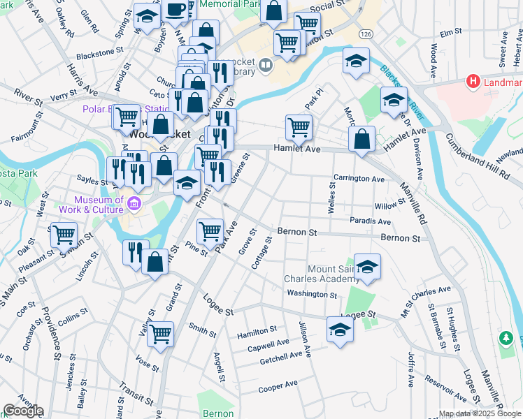 map of restaurants, bars, coffee shops, grocery stores, and more near 191 Grove Street in Woonsocket