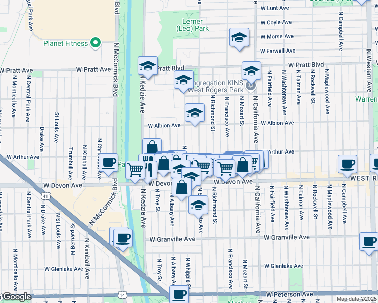 map of restaurants, bars, coffee shops, grocery stores, and more near 6522 North Sacramento Avenue in Chicago