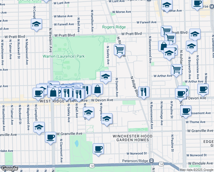 map of restaurants, bars, coffee shops, grocery stores, and more near 2035 West Arthur Avenue in Chicago