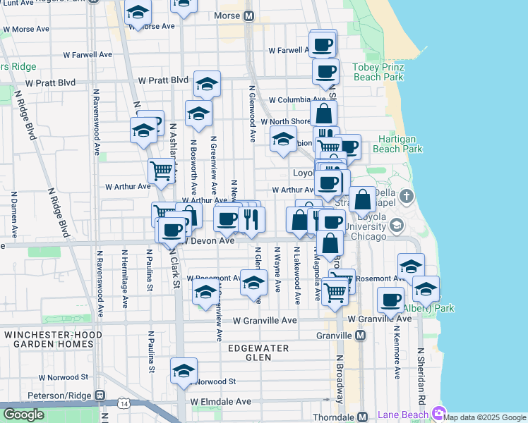 map of restaurants, bars, coffee shops, grocery stores, and more near 1335 West Arthur Avenue in Chicago