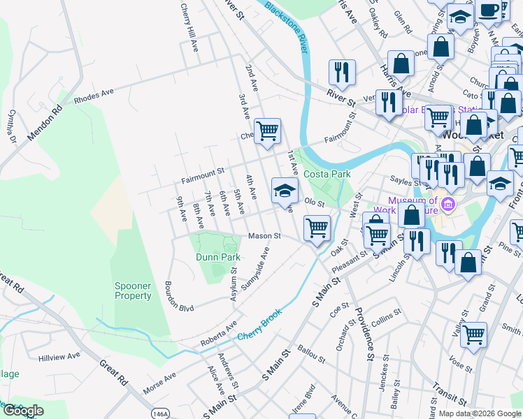 map of restaurants, bars, coffee shops, grocery stores, and more near 126 3rd Avenue in Woonsocket