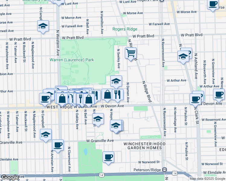 map of restaurants, bars, coffee shops, grocery stores, and more near 6505 North Hoyne Avenue in Chicago