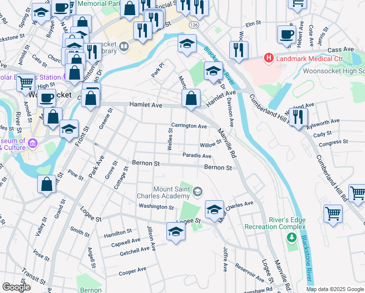 map of restaurants, bars, coffee shops, grocery stores, and more near 403 Willow Street in Woonsocket