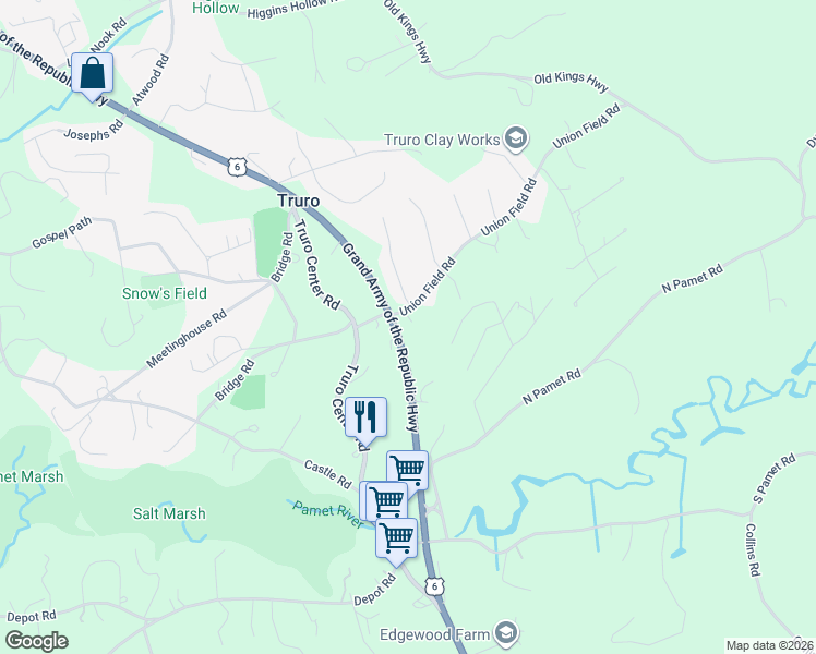 map of restaurants, bars, coffee shops, grocery stores, and more near 7 Union Field Road in Truro