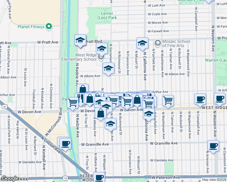 map of restaurants, bars, coffee shops, grocery stores, and more near 6520 North Richmond Street in Chicago