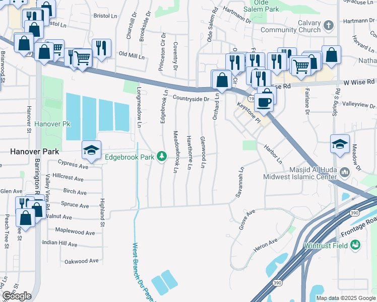 map of restaurants, bars, coffee shops, grocery stores, and more near 7008 Hawthorne Lane in Hanover Park