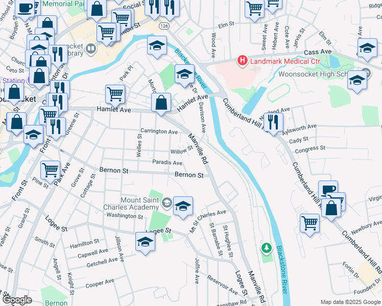 map of restaurants, bars, coffee shops, grocery stores, and more near 558 Willow Street in Woonsocket