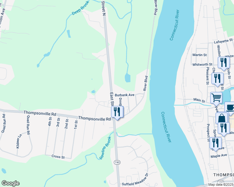 map of restaurants, bars, coffee shops, grocery stores, and more near 822 East Street North in Suffield