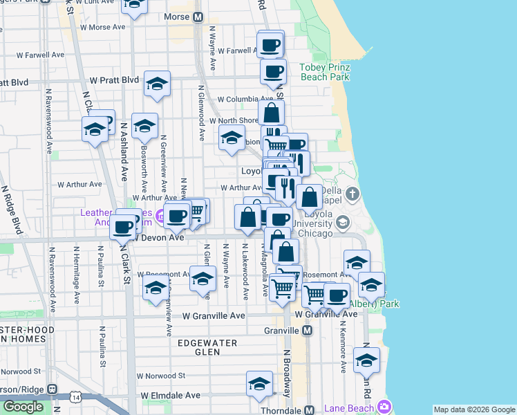 map of restaurants, bars, coffee shops, grocery stores, and more near 6459 North Magnolia Avenue in Chicago
