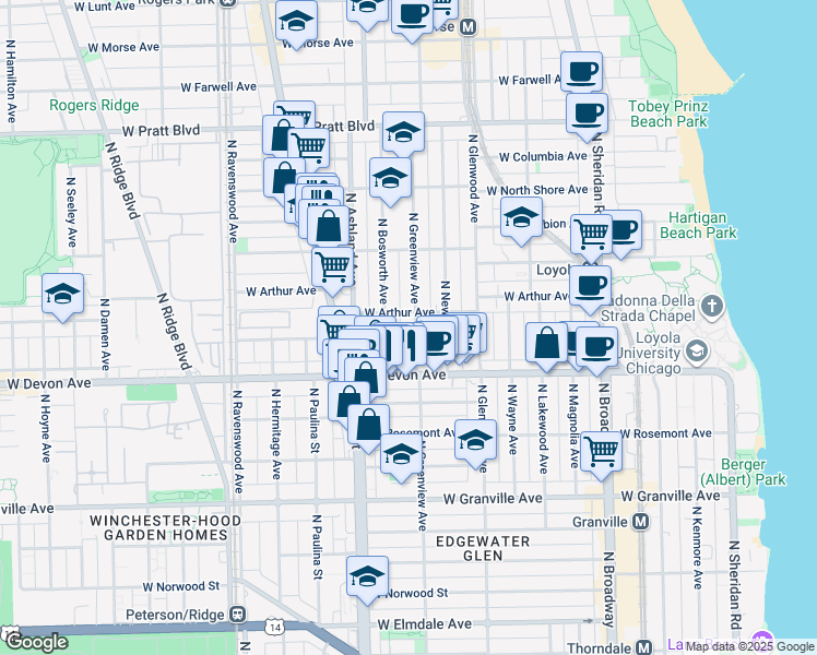 map of restaurants, bars, coffee shops, grocery stores, and more near 6501 North Bosworth Avenue in Chicago