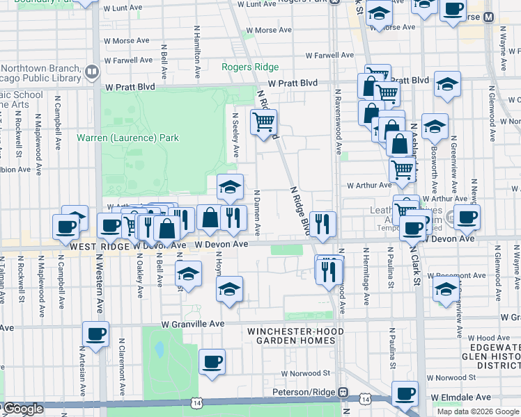 map of restaurants, bars, coffee shops, grocery stores, and more near in Chicago