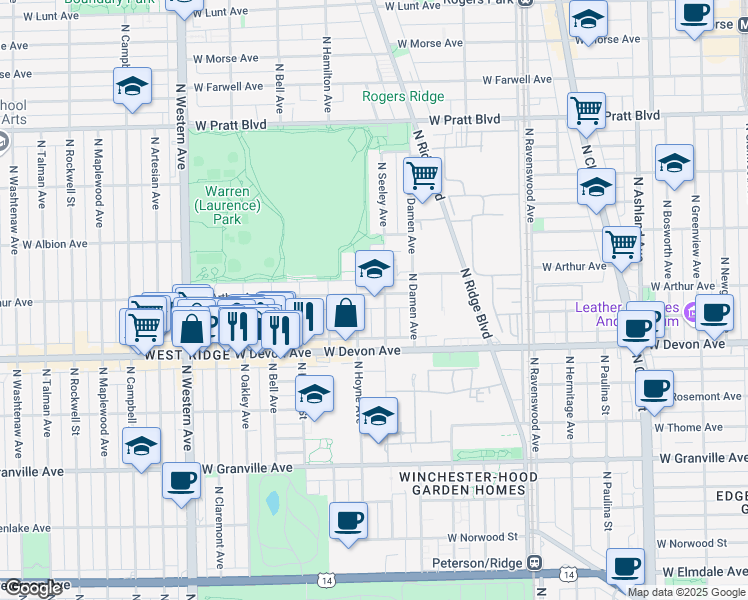 map of restaurants, bars, coffee shops, grocery stores, and more near 6505 North Hoyne Avenue in Chicago