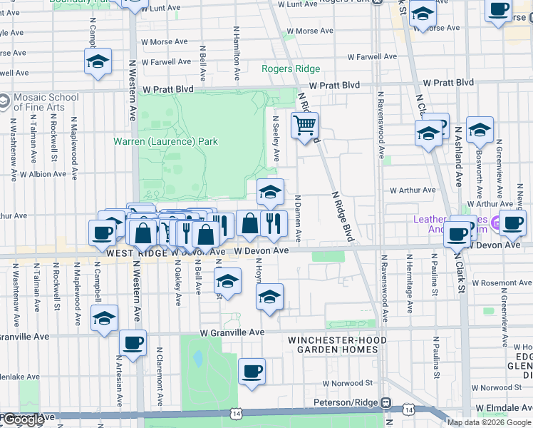 map of restaurants, bars, coffee shops, grocery stores, and more near 6505 North Hoyne Avenue in Chicago