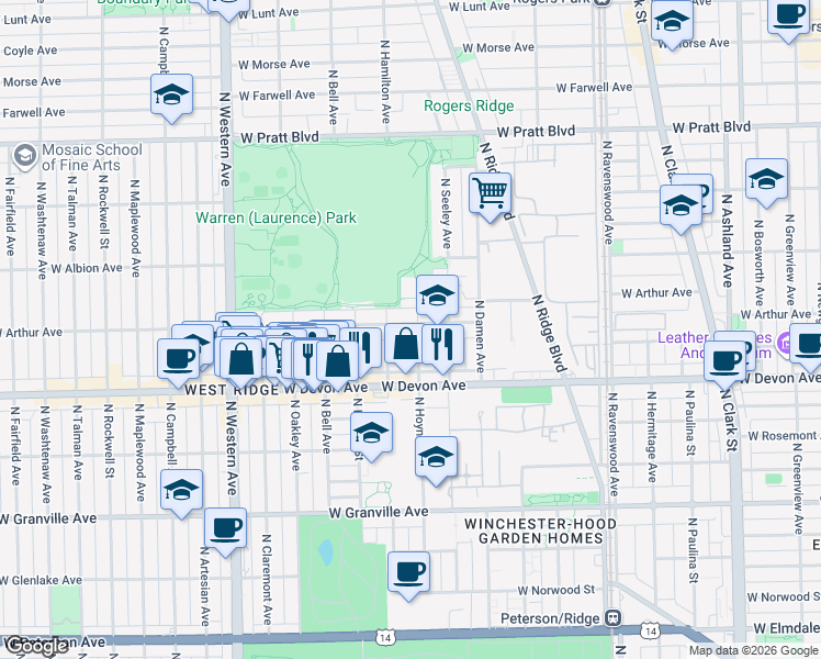 map of restaurants, bars, coffee shops, grocery stores, and more near 6505 North Hoyne Avenue in Chicago