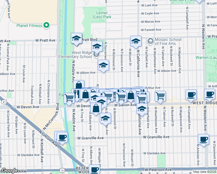 map of restaurants, bars, coffee shops, grocery stores, and more near 6520 North Richmond Street in Chicago