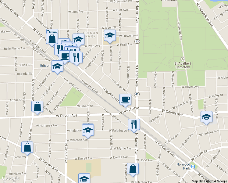 map of restaurants, bars, coffee shops, grocery stores, and more near 6598 North Onarga Avenue in Chicago