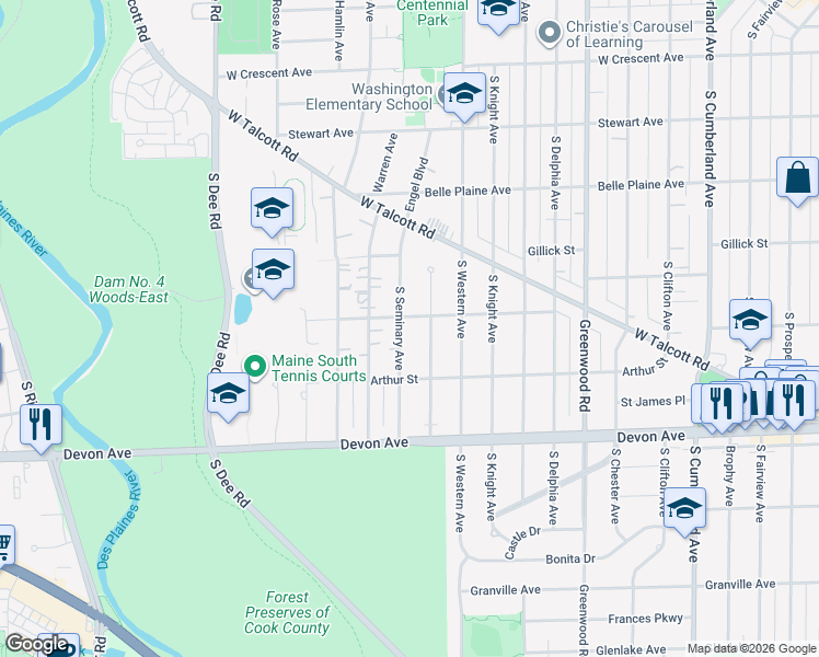 map of restaurants, bars, coffee shops, grocery stores, and more near 831 South Seminary Avenue in Park Ridge