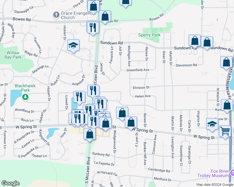 map of restaurants, bars, coffee shops, grocery stores, and more near 1000 Manchester Court in South Elgin