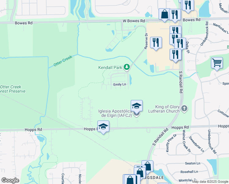 map of restaurants, bars, coffee shops, grocery stores, and more near 2465 Emily Lane in Elgin