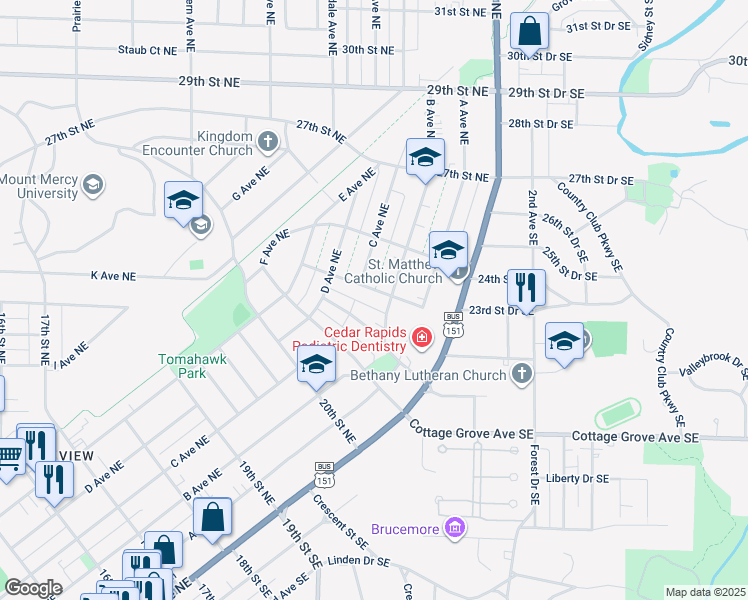 map of restaurants, bars, coffee shops, grocery stores, and more near 2310 B Avenue Northeast in Cedar Rapids