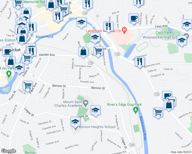 map of restaurants, bars, coffee shops, grocery stores, and more near 555 Willow Street in Woonsocket