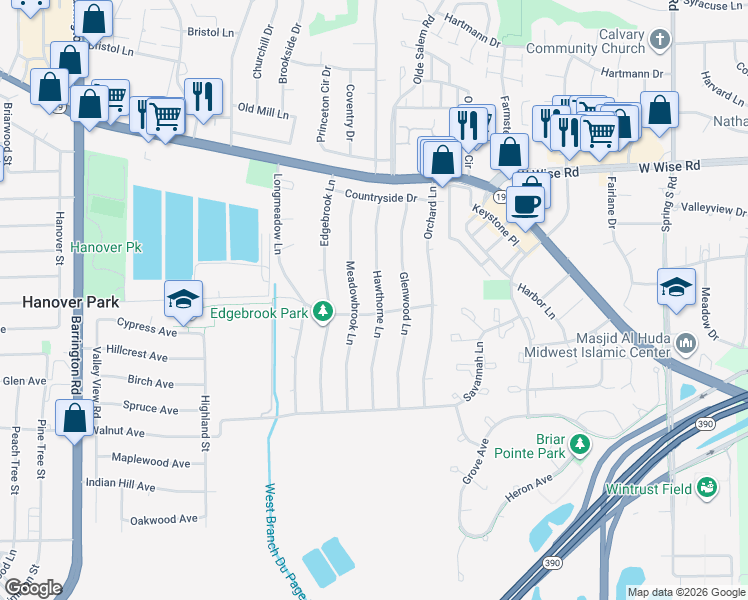 map of restaurants, bars, coffee shops, grocery stores, and more near 7025 Meadowbrook Lane in Hanover Park