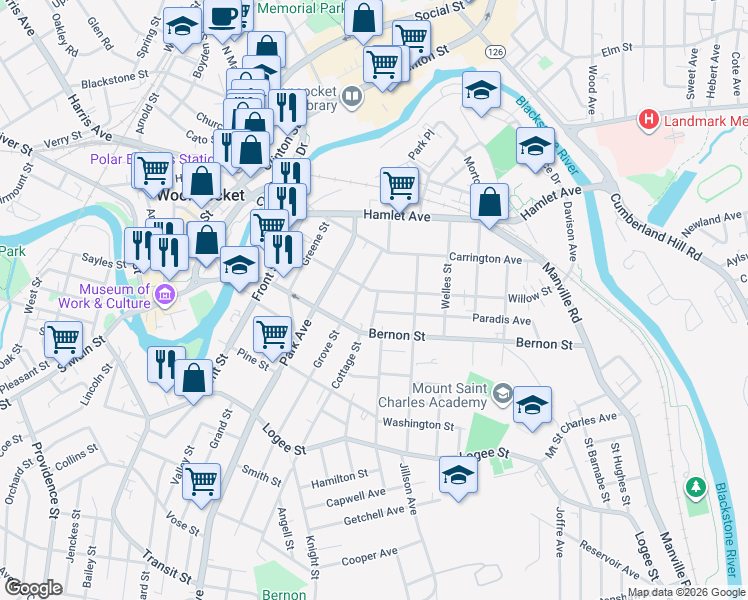 map of restaurants, bars, coffee shops, grocery stores, and more near 191 Grove Street in Woonsocket