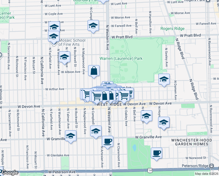 map of restaurants, bars, coffee shops, grocery stores, and more near North Western Avenue & West Arthur Avenue in Chicago