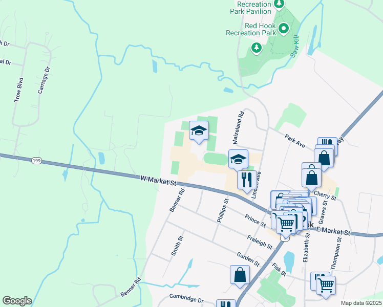 map of restaurants, bars, coffee shops, grocery stores, and more near 103 West Market Street in Red Hook