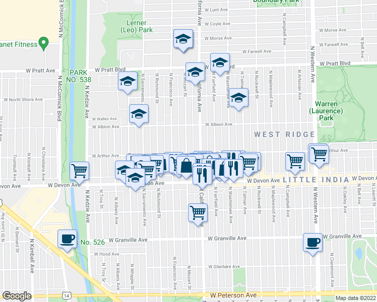 map of restaurants, bars, coffee shops, grocery stores, and more near 2824 West Arthur Avenue in Chicago