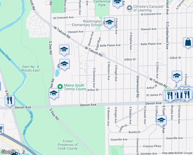 map of restaurants, bars, coffee shops, grocery stores, and more near 831 South Seminary Avenue in Park Ridge