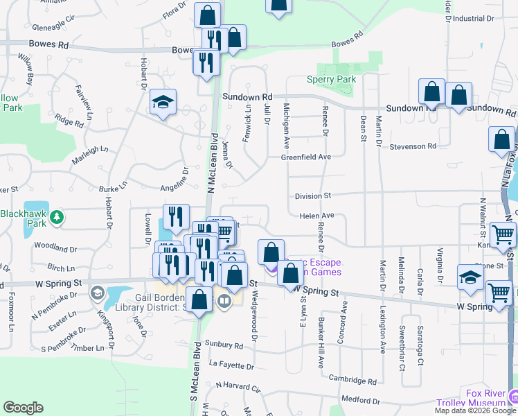 map of restaurants, bars, coffee shops, grocery stores, and more near 1000 Manchester Court in South Elgin