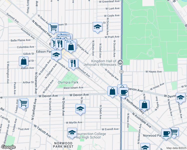 map of restaurants, bars, coffee shops, grocery stores, and more near 6521 North Oketo Avenue in Chicago