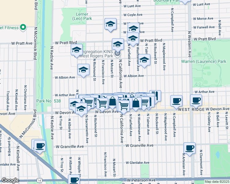 map of restaurants, bars, coffee shops, grocery stores, and more near 2822 West Arthur Avenue in Chicago
