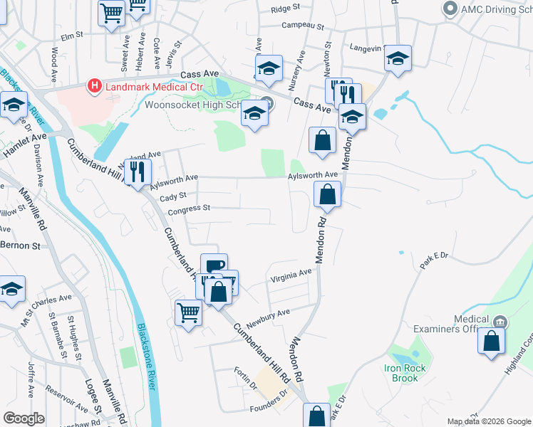 map of restaurants, bars, coffee shops, grocery stores, and more near 326 Congress Street in Woonsocket