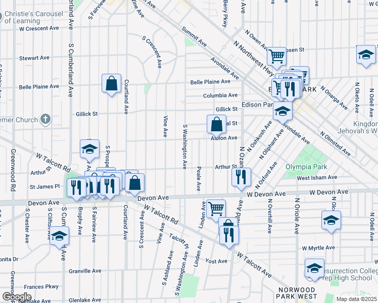 map of restaurants, bars, coffee shops, grocery stores, and more near 904 South Washington Avenue in Park Ridge