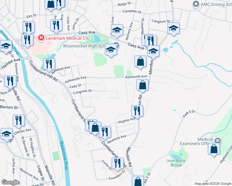 map of restaurants, bars, coffee shops, grocery stores, and more near 326 Congress Street in Woonsocket