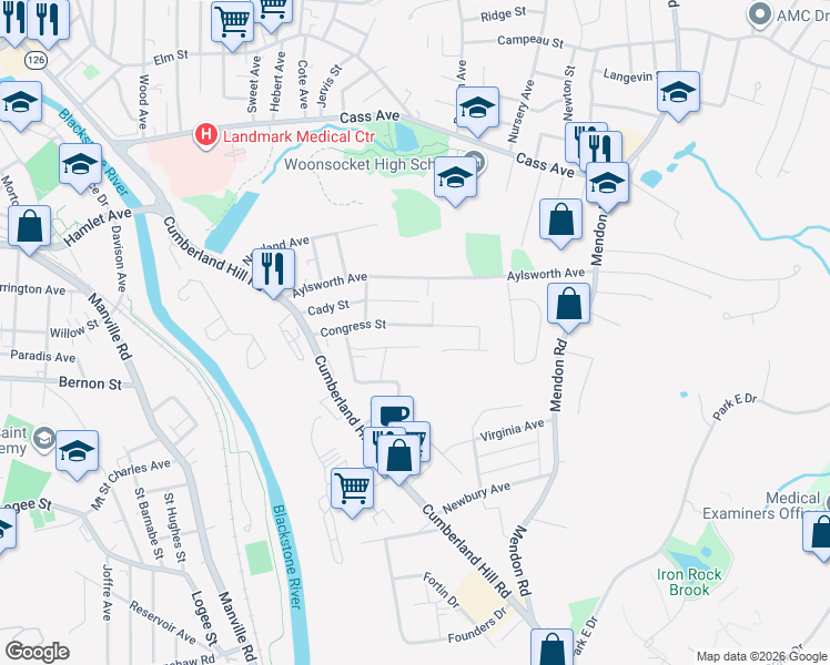 map of restaurants, bars, coffee shops, grocery stores, and more near 103 Vineyard Street in Woonsocket