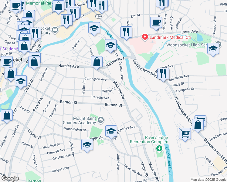 map of restaurants, bars, coffee shops, grocery stores, and more near 558 Willow Street in Woonsocket