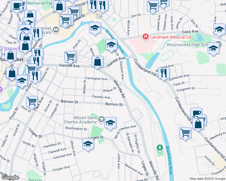map of restaurants, bars, coffee shops, grocery stores, and more near 558 Willow Street in Woonsocket