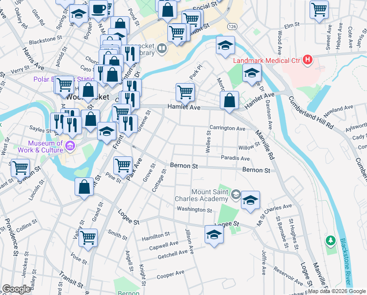 map of restaurants, bars, coffee shops, grocery stores, and more near 218 Willow Street in Woonsocket