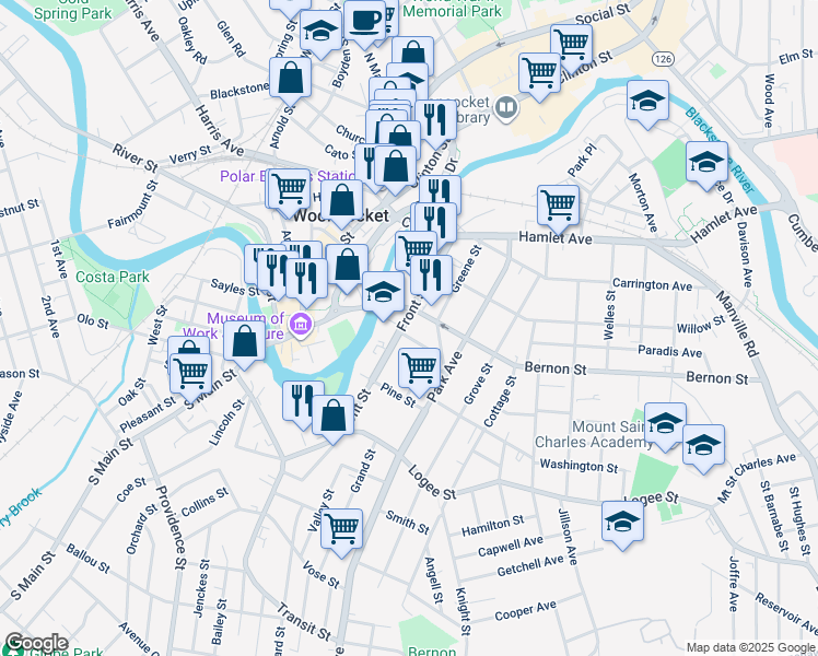 map of restaurants, bars, coffee shops, grocery stores, and more near in Woonsocket