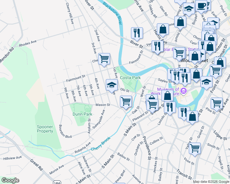 map of restaurants, bars, coffee shops, grocery stores, and more near 149 2nd Avenue in Woonsocket